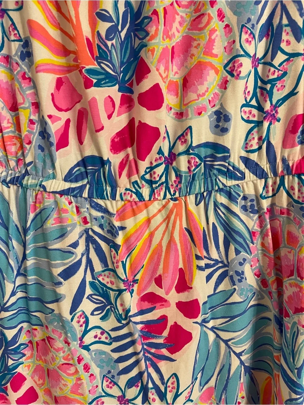NWT Lilly Pulitzer Off-Shoulder Tropical Print Romper in Pink, Blue & Orange - Picture 3 of 5